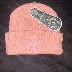 Chrome Hearts Pink Ribbed Beanie with Cross Patch